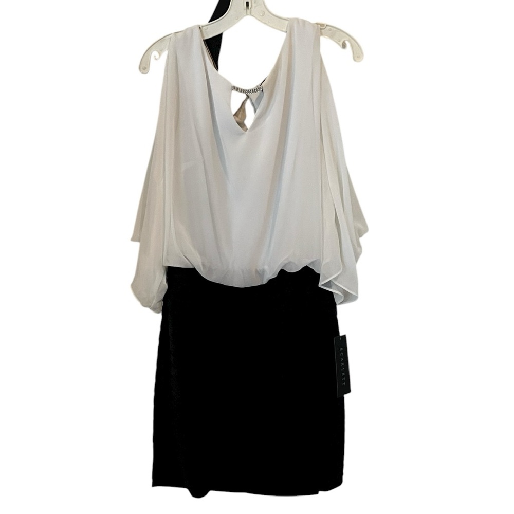 Scarlett size 14 creamy & black midi dress with 3/4 sleeve , cold shoulder NWT
